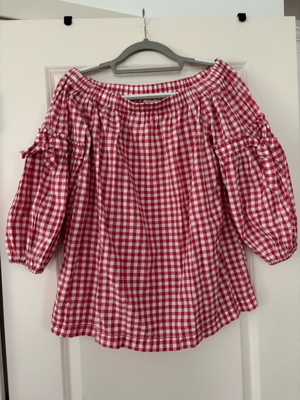 Max Studio Red and White Gingham Off-Shoulder Peasant Blouse